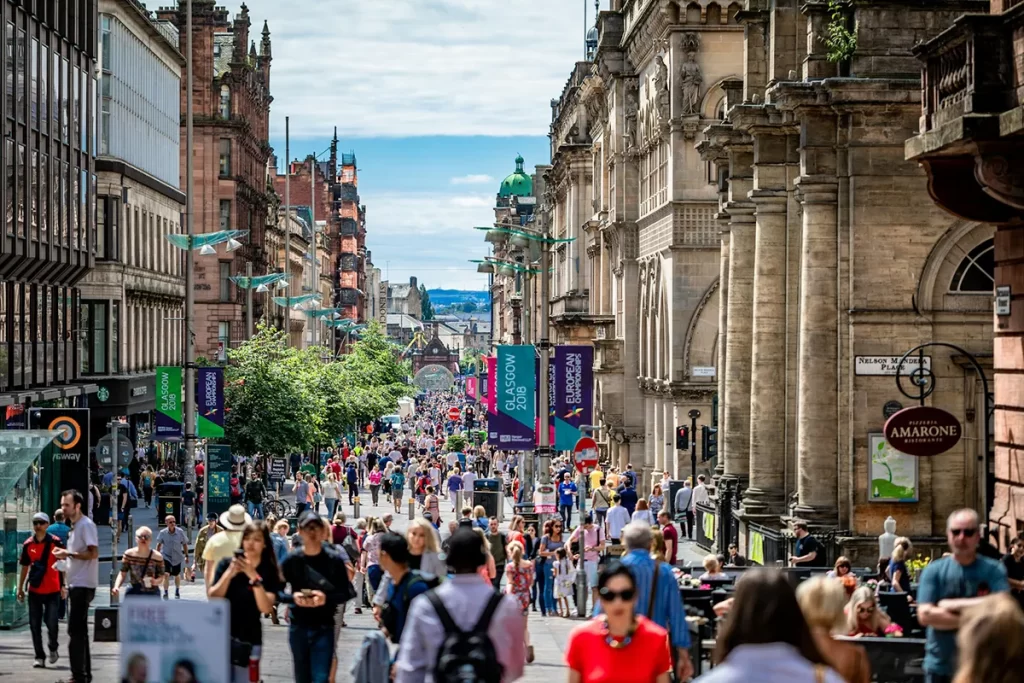 Lively shopping street in Glasgow, set in a city known for its industrial roots and growing opportunities in Welder / Fabrication jobs Glasgow.