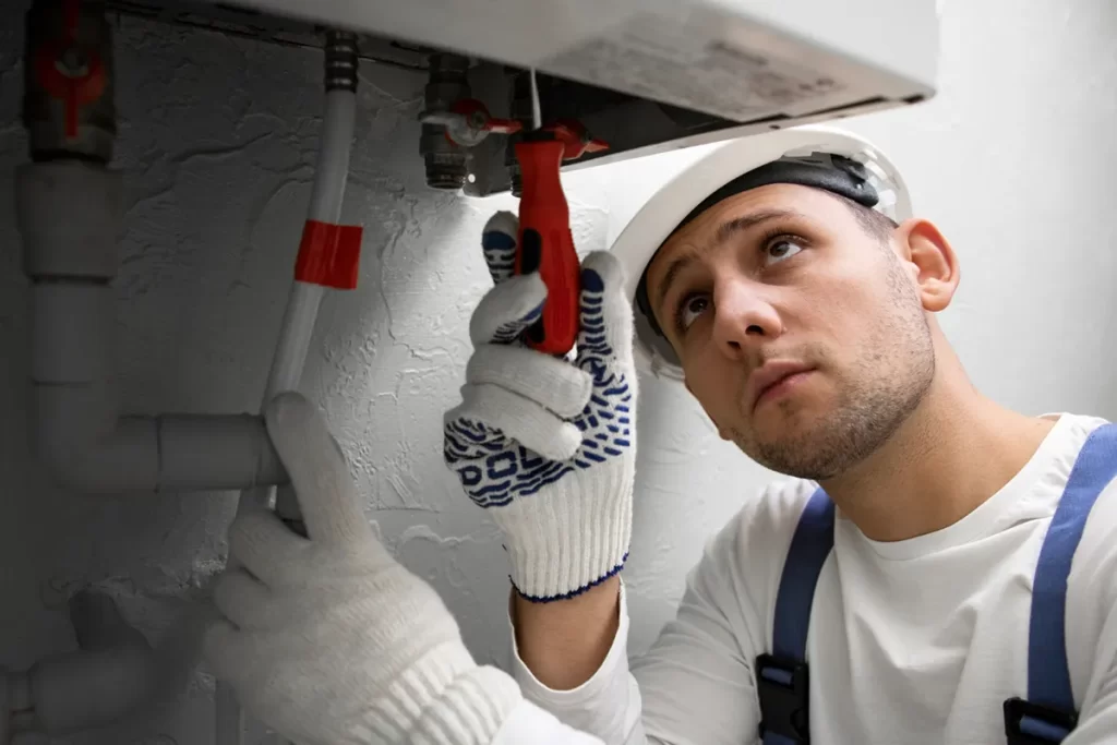 Gas engineer unscrewing a boiler plate, demonstrating hands-on skills for gas engineer jobs Hamilton.