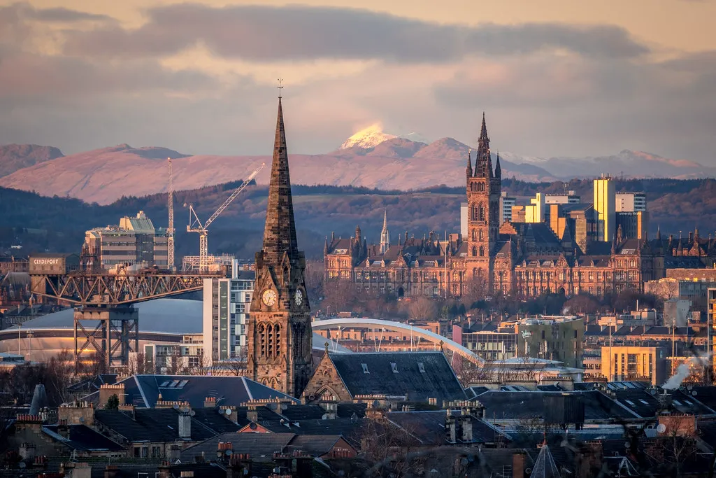 Glasgow skyline at sunset, highlighting the vibrant city and opportunities for gas engineer jobs Glasgow.