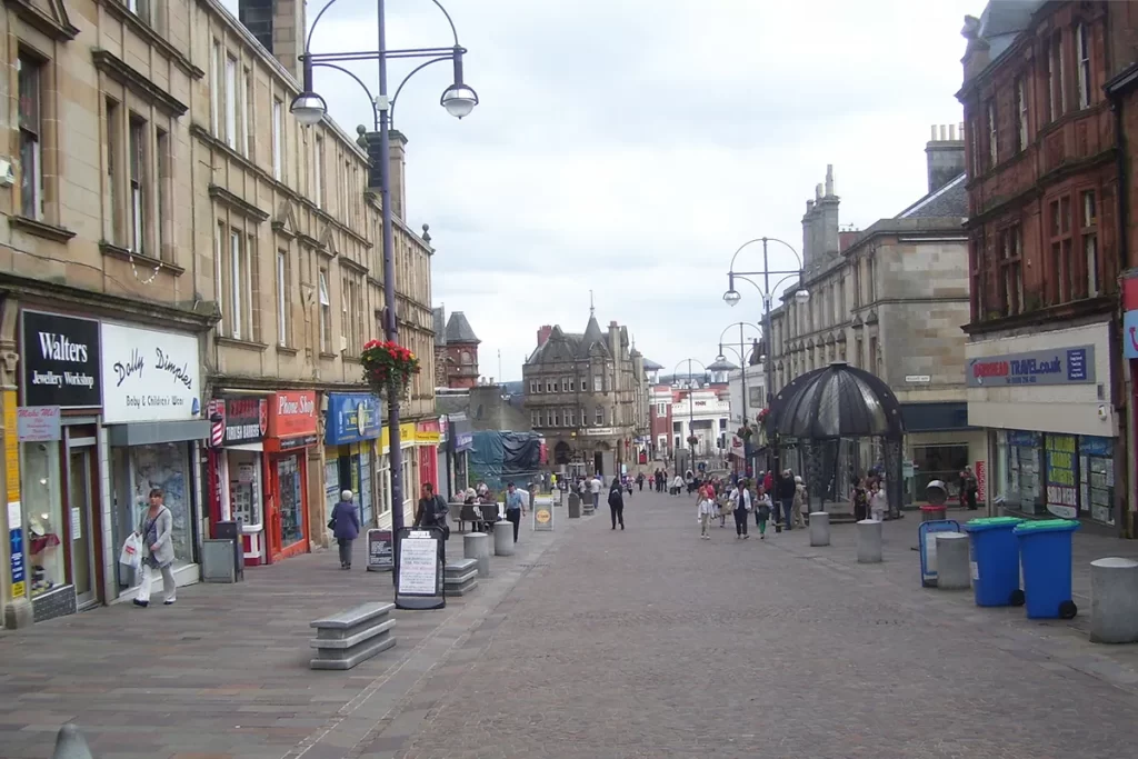Hamilton Main Street bustling with activity, representing the local area for gas engineer jobs Hamilton.