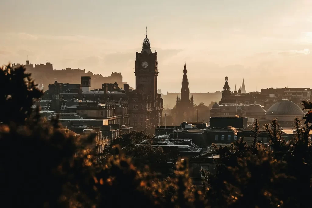 Stunning view of the Edinburgh skyline featuring historic castles and modern buildings, highlighting a vibrant city full of opportunities including Electrical Engineer Jobs Edinburgh.