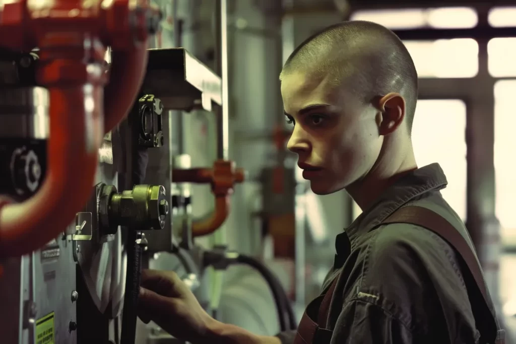 Woman adjusting heavy machinery in an industrial setting, representing Mechanical Fitter Jobs Scotland.